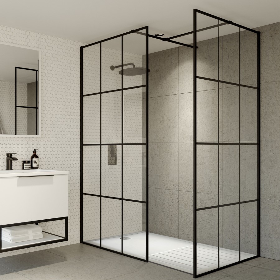 Black 1600mm Grid Walk in Shower Enclosure with Tray & Return Panel - Nova