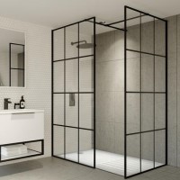 Black 1400mm Grid Walk in Shower Enclosure with Tray & Return Panel - Nova