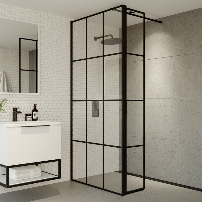 Black 900mm Grid Wet Room Shower Screen with Wall Support Bar & Hinged