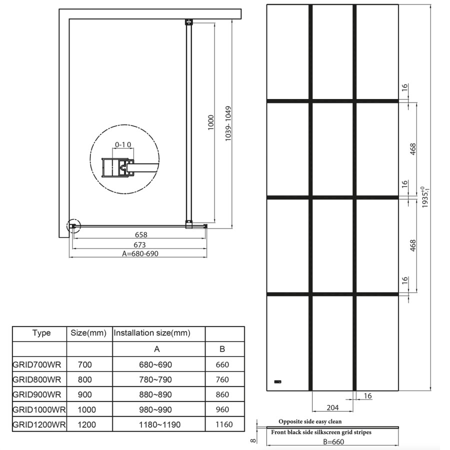 Black 900mm Grid Wet Room Shower Screen with Wall Support Bar & Hinged Return Panel - Nova