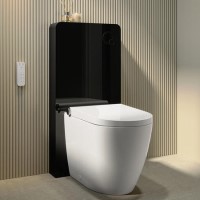 Back to Wall Smart Bidet Japanese Toilet with Black Glass Cabinet, Cistern & Pneumatic Dual Flush Button - Purificare