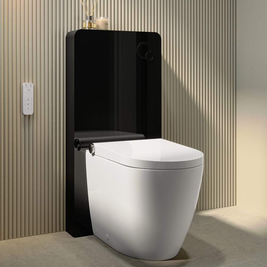 Back to Wall Smart Bidet Japanese Toilet with Black Glass Cabinet, Cistern & Pneumatic Dual Flush Button - Purificare