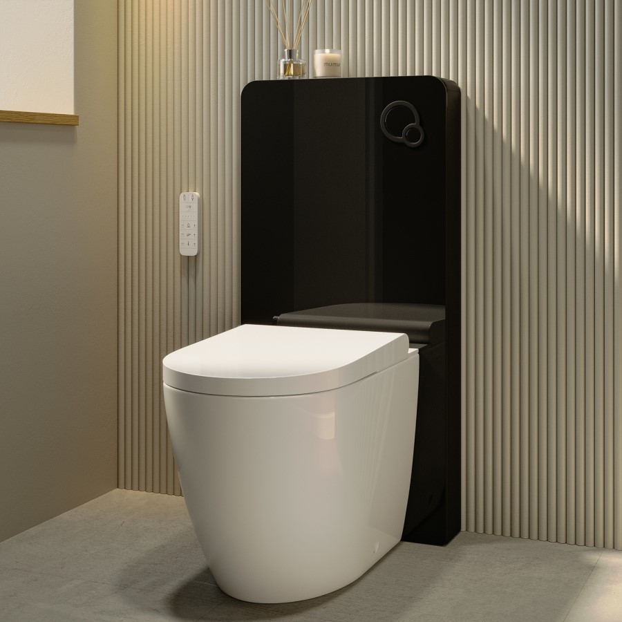 Back to Wall Smart Bidet Japanese Toilet with Black Glass Cabinet, Cistern & Pneumatic Dual Flush Button - Purificare