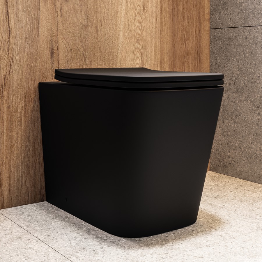 Black Back to Wall Toilet with White Glass Cabinet, Cistern & Pneumatic Dual Flush Button - Albi