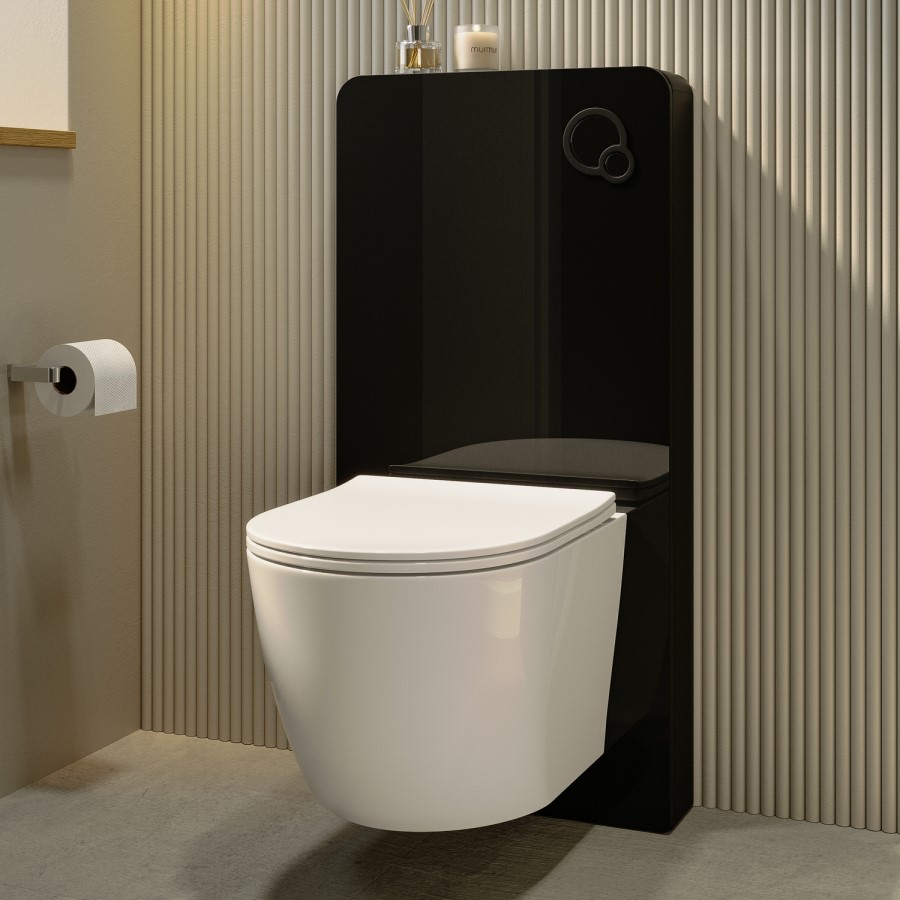 Wall Hung Toilet with Black Glass Cabinet, Cistern & Pneumatic Dual Flush Button - Albi
