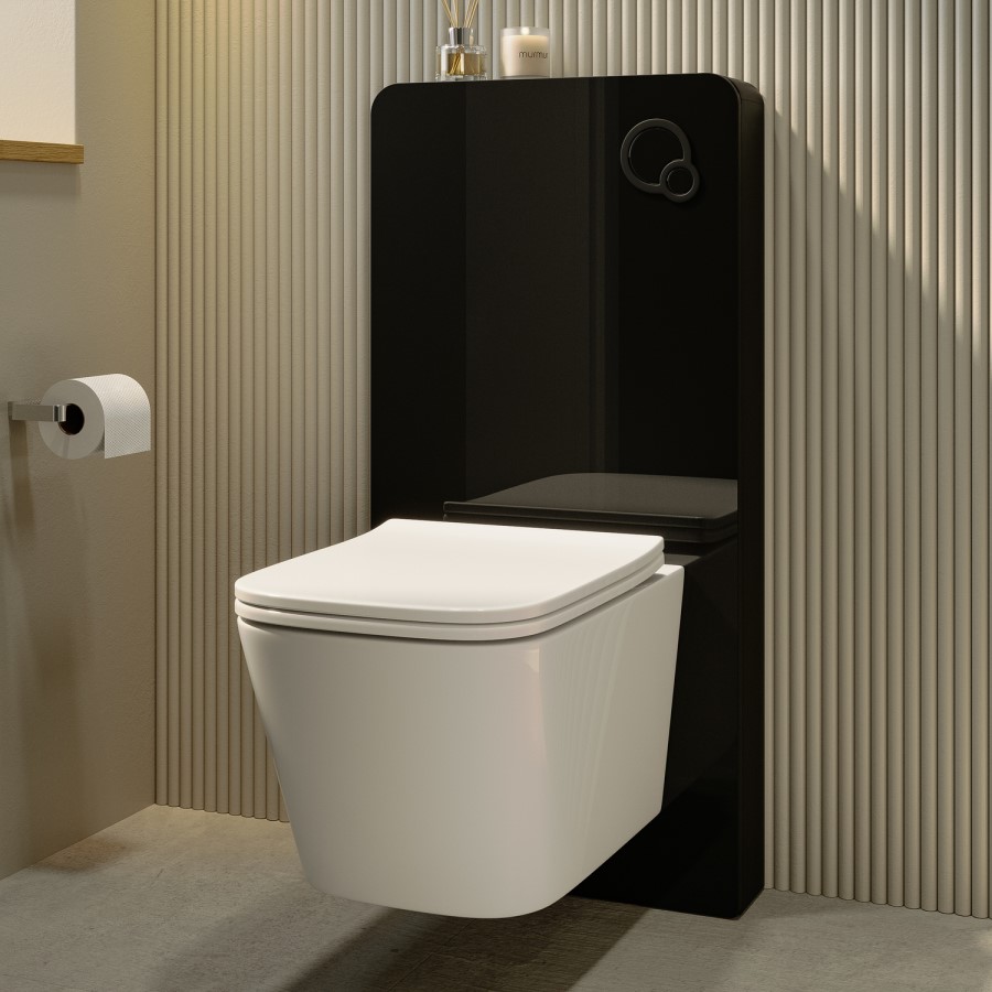 Wall Hung Toilet with Black Glass Cabinet, Cistern & Pneumatic Dual Flush Button - Albi