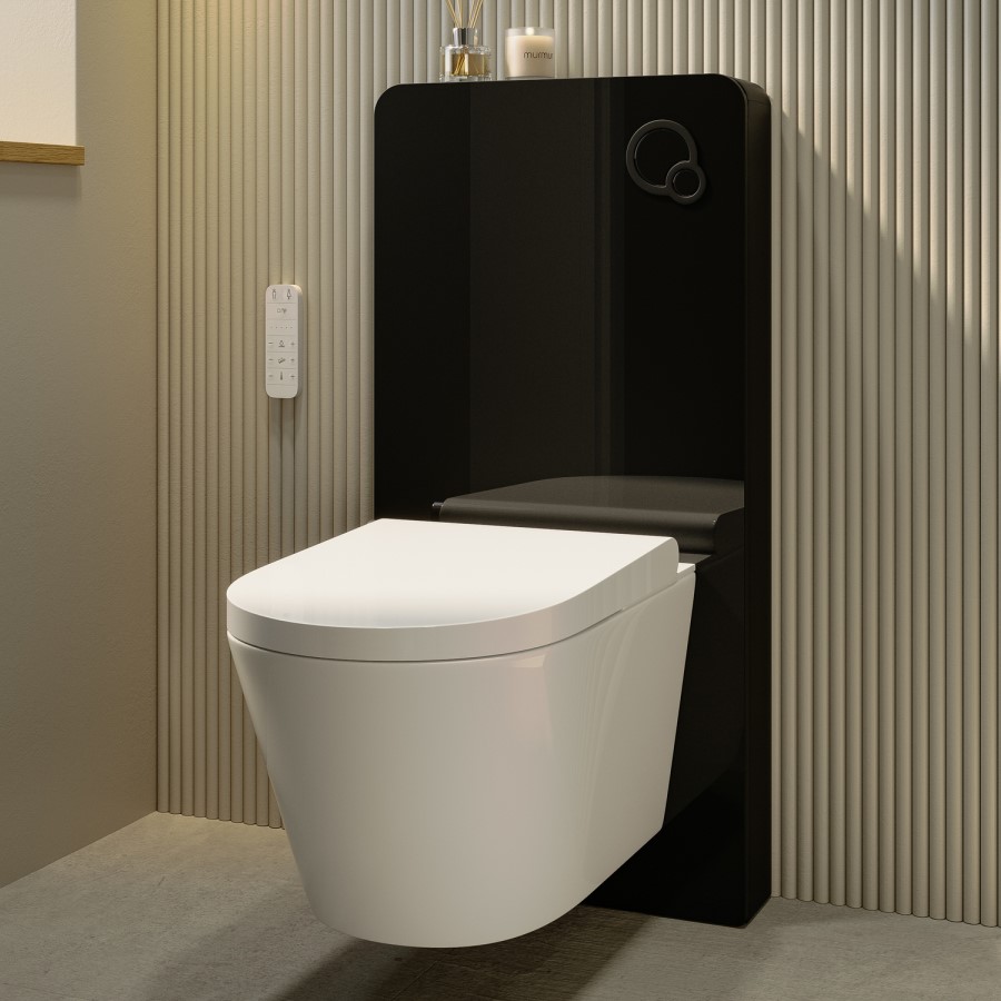 Wall Hung Smart Bidet Japanese Toilet with Black Glass Cabinet, Frame, Cistern & Pneumatic Dual Flush Button - Purificare