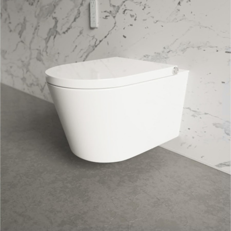 Wall Hung Smart Bidet Japanese Toilet with Black Glass Cabinet, Frame, Cistern & Pneumatic Dual Flush Button - Purificare