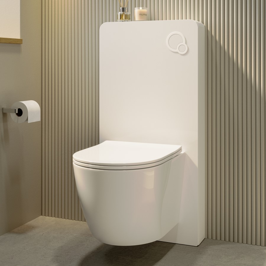 Wall Hung Toilet with White Glass Cabinet, Cistern & Pneumatic Dual Flush Button - Albi