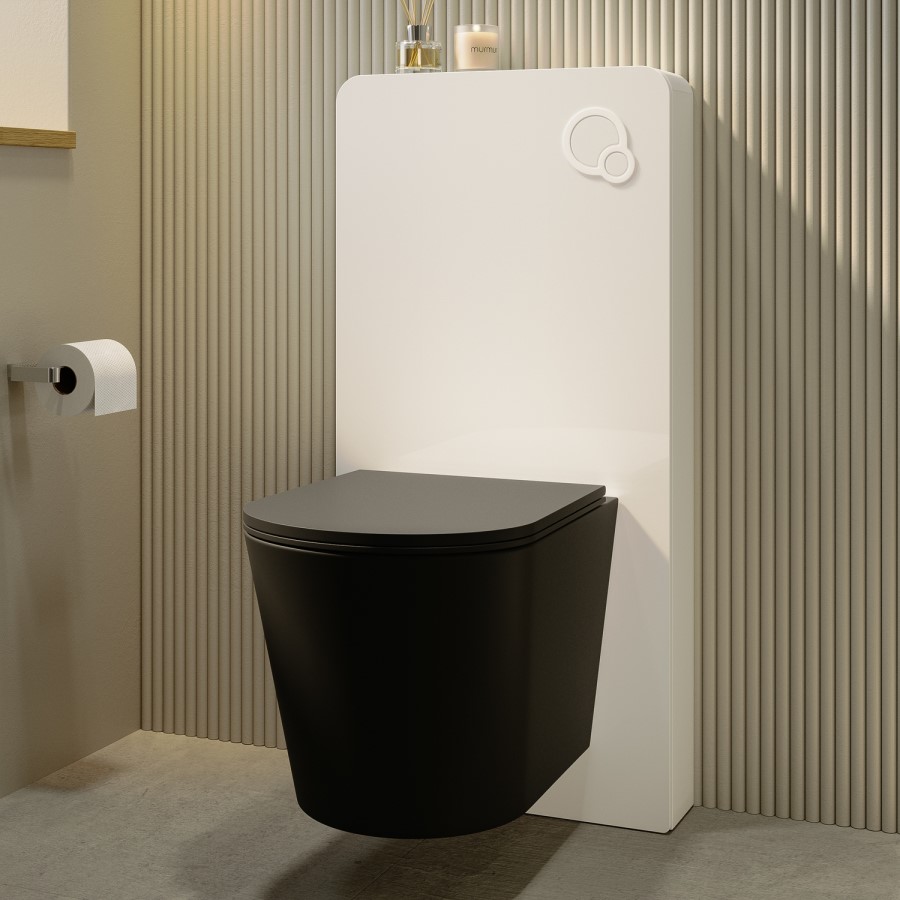 Black Wall Hung Toilet with White Glass Cabinet, Cistern & Pneumatic Dual Flush Button - Verona