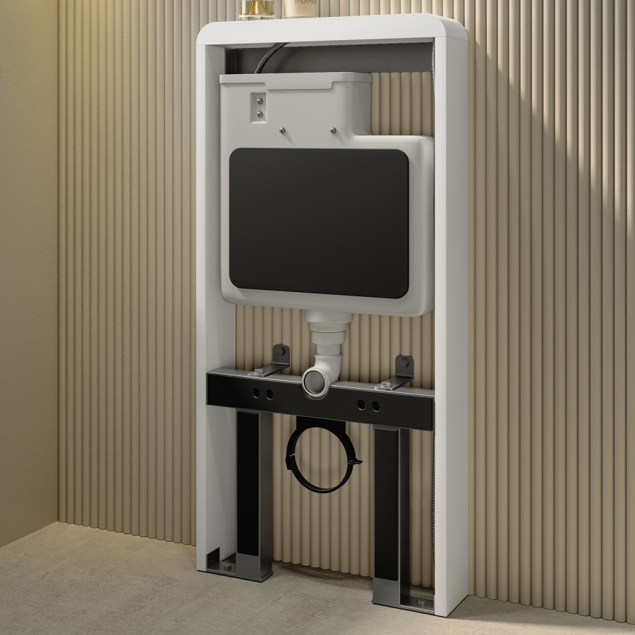 Wall Hung Smart Bidet Japanese Toilet with White Glass Cabinet, Frame, Cistern & Pneumatic Dual Flush Button - Purificare