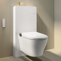 Wall Hung Smart Bidet Japanese Toilet with Heated Seat, White Glass Cabinet, Frame, Cistern & Pneumatic Dual Flush Button - Purificare