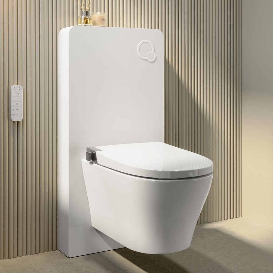 Wall Hung Smart Bidet Japanese Toilet with Heated Seat, White Glass Cabinet, Frame, Cistern & Pneumatic Dual Flush Button - Purificare