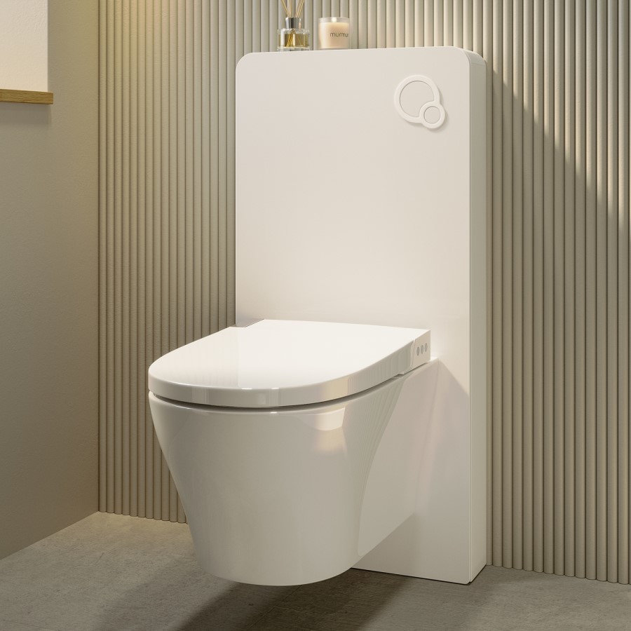 Wall Hung Smart Bidet Japanese Toilet with Heated Seat, White Glass Cabinet, Frame, Cistern & Pneumatic Dual Flush Button - Purificare