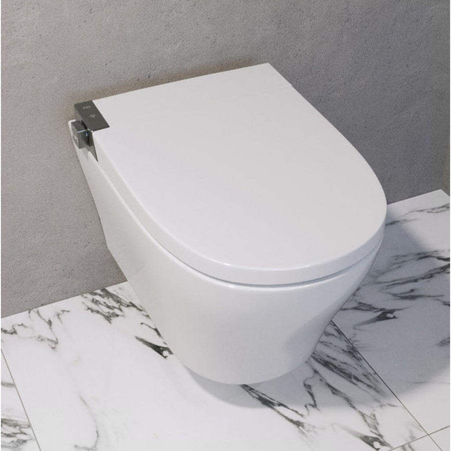 Wall Hung Smart Bidet Japanese Toilet with Heated Seat, Black Glass Cabinet, Frame, Cistern & Pneumatic Dual Flush Button - Purificare