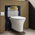 BUN/INDIWHPAN/91103 Wall Hung Rimless Toilet with Soft Close Seat, Brushed Brass Pneumatic Flush Plate, 820mm Frame & Cistern – Indiana