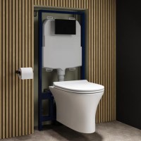 Wall Hung Rimless Toilet with Soft Close Seat, Black Mechanical Flush Plate, 1168mm Frame & Cistern – Indiana