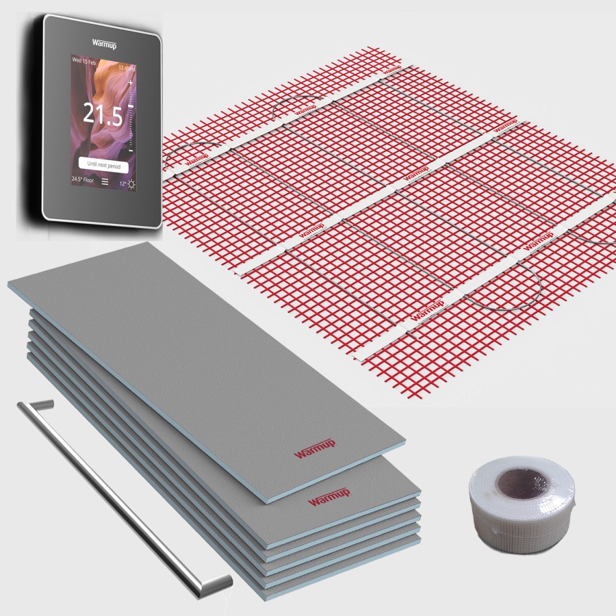 5sqm Electric Underfloor Heating Kit with 6iE WiFi Onyx Black Thermostat & Heated Towel Bar - Warmup Sticky Mat