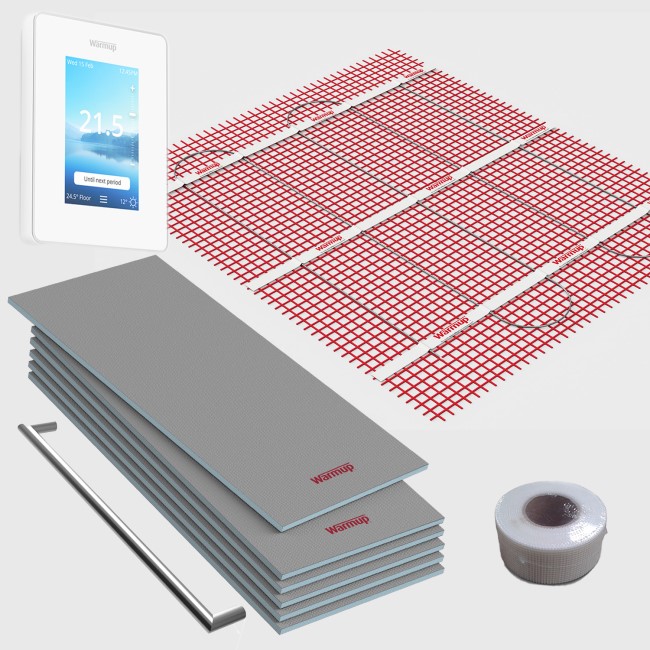 3sqm Electric Underfloor Heating Kit with 6iE WiFi Bright Porcelain Thermostat & Heated Towel Bar - Warmup Sticky Mat