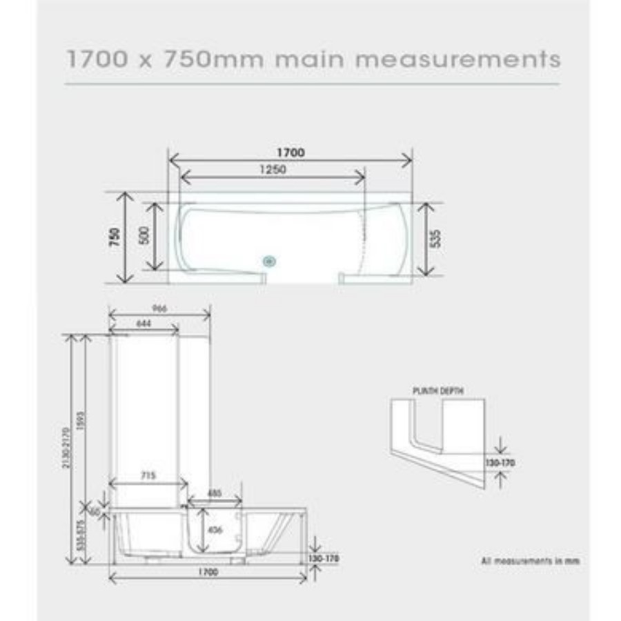 Walk In Shower Bath Right Hand with Bath Screen & Bath Seat 1700 x 750mm - Kineduo