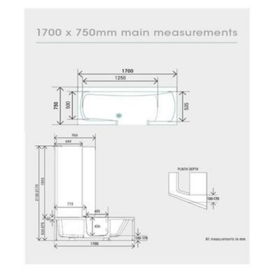Walk In Shower Bath Left Hand with Bath Screen & Bath Seat 1700 x 750mm - Kineduo