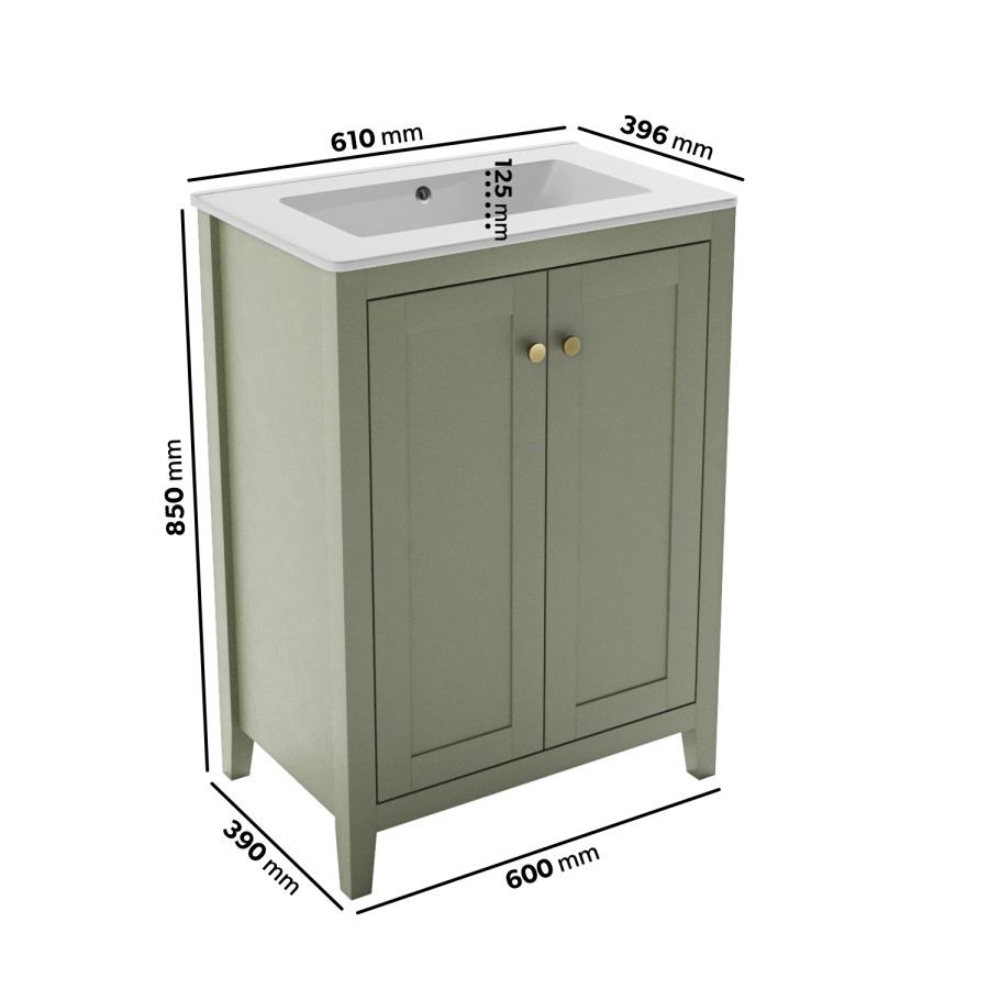 600mm Green Freestanding Vanity Unit with Basin - Kinsley