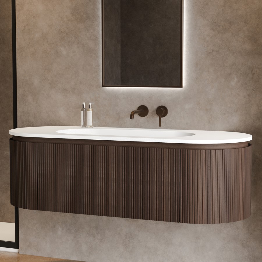 1400mm Walnut Wood Effect Fluted Wall Hung Vanity Unit with Solid Surface Basin - Kobe