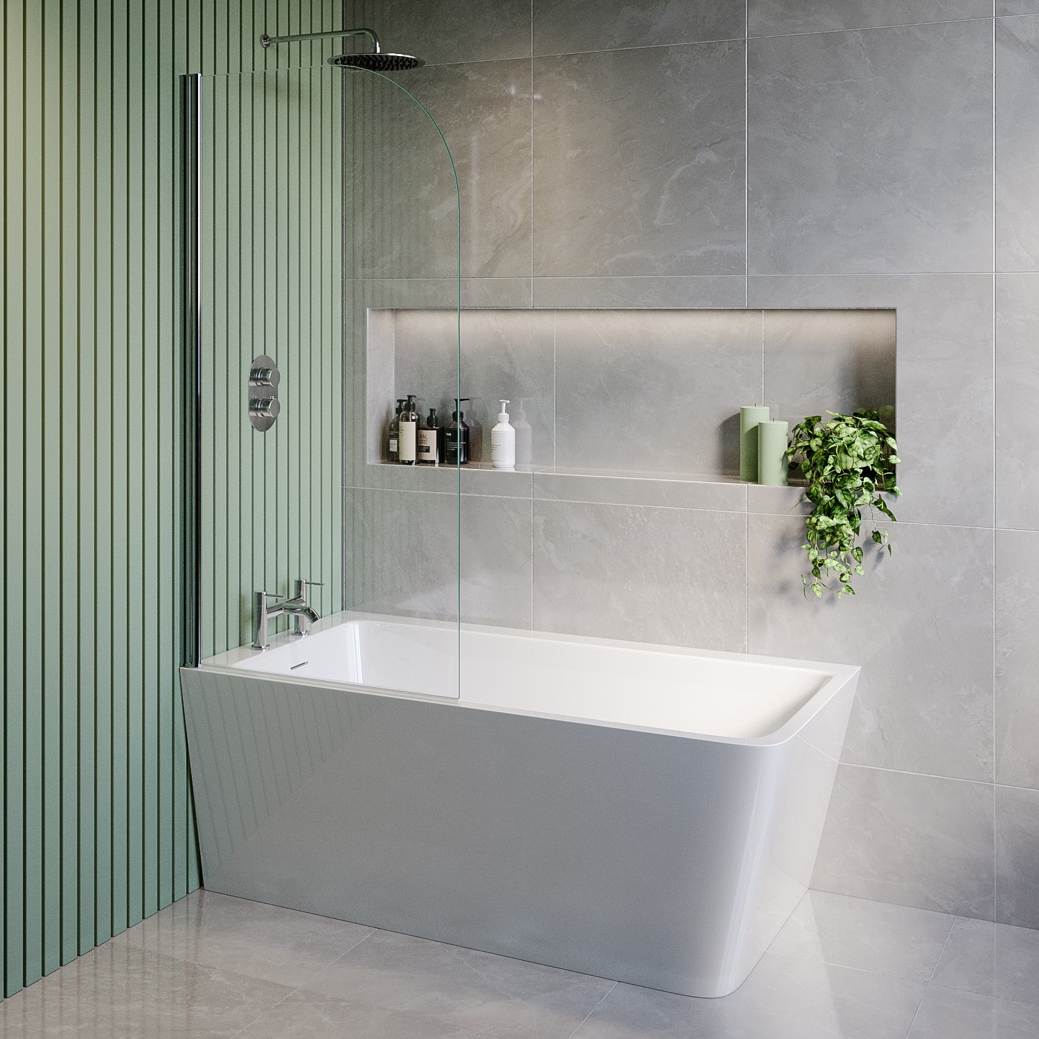 Kona White Freestanding Shower Bath Single Ended Left Hand Corner With Chrome Bath Screen 1500 X 740Mm
