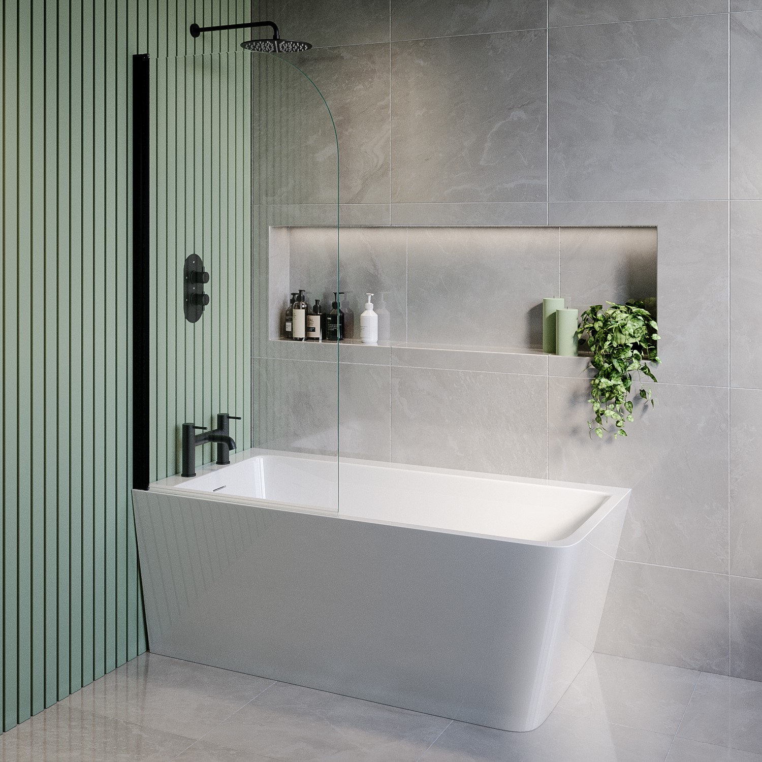 Kona White Freestanding Shower Bath Single Ended Left Hand Corner With Black Bath Screen 1500 X 740Mm