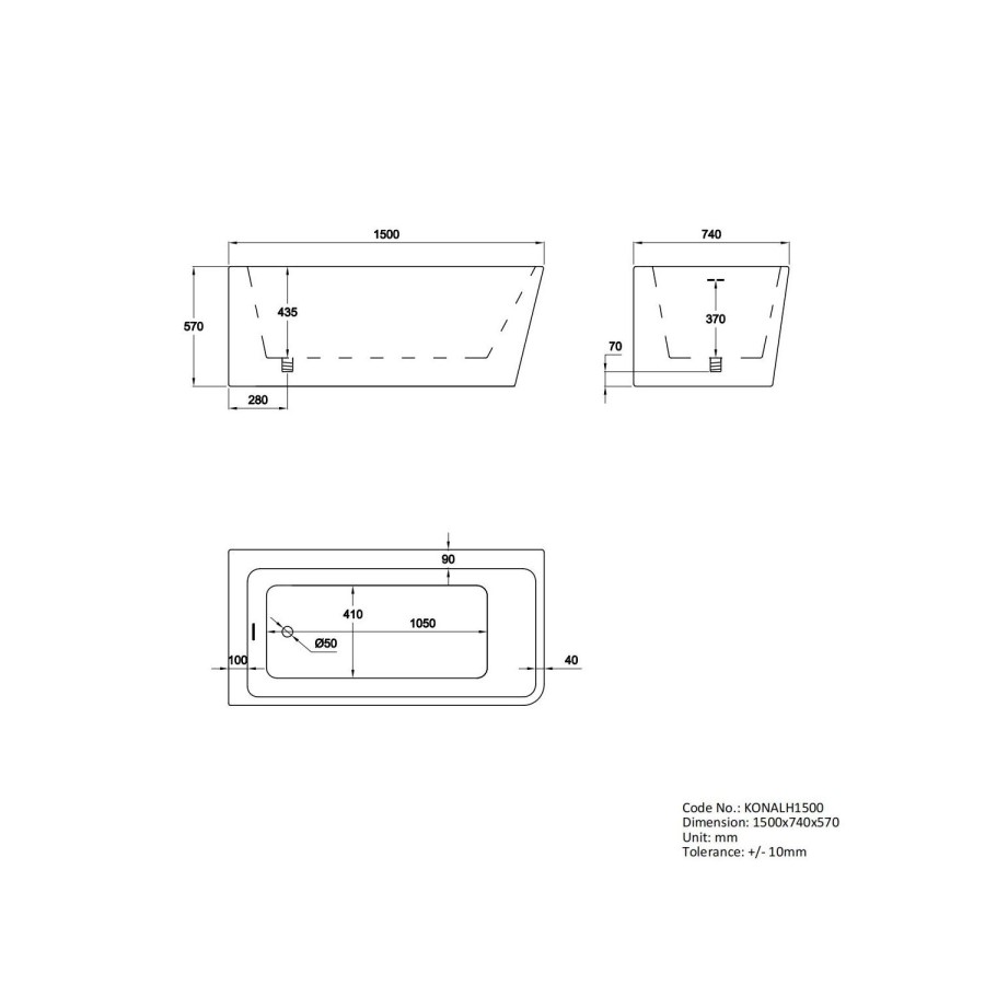 Grade A2 - Freestanding Shower Bath Single Ended Left Hand Corner with Brass Bath Screen 1500 x 740mm - Kona