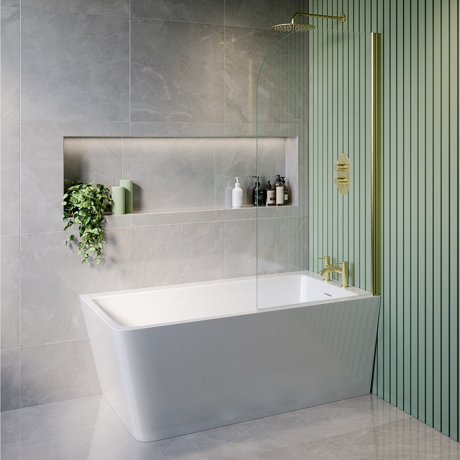 Kona White Freestanding Shower Bath Single Ended Right Hand Corner With Brass Bath Screen 1500 X 740Mm