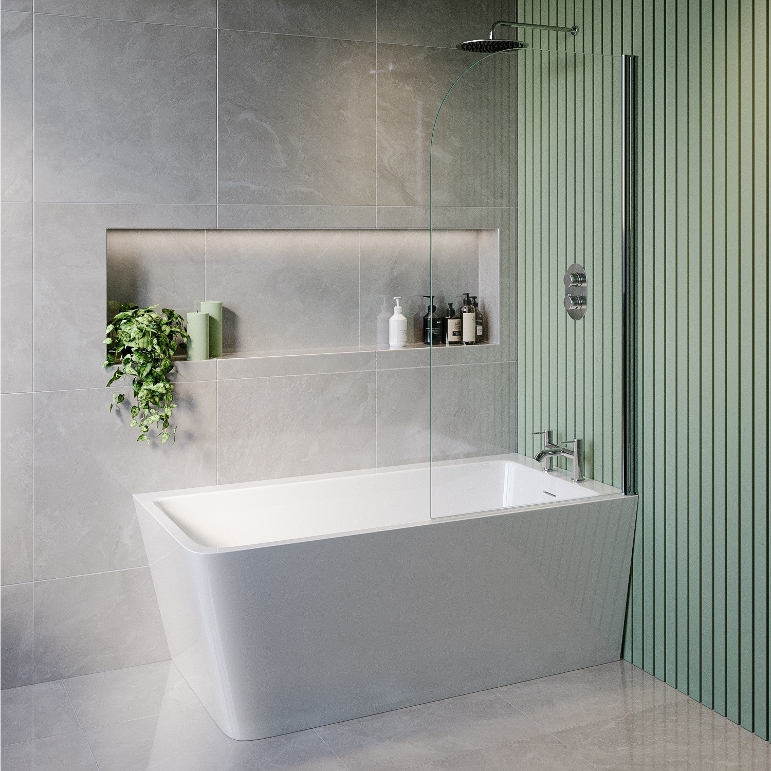 Kona White Freestanding Shower Bath Single Ended Right Hand Corner With Chrome Bath Screen 1500 X 740Mm