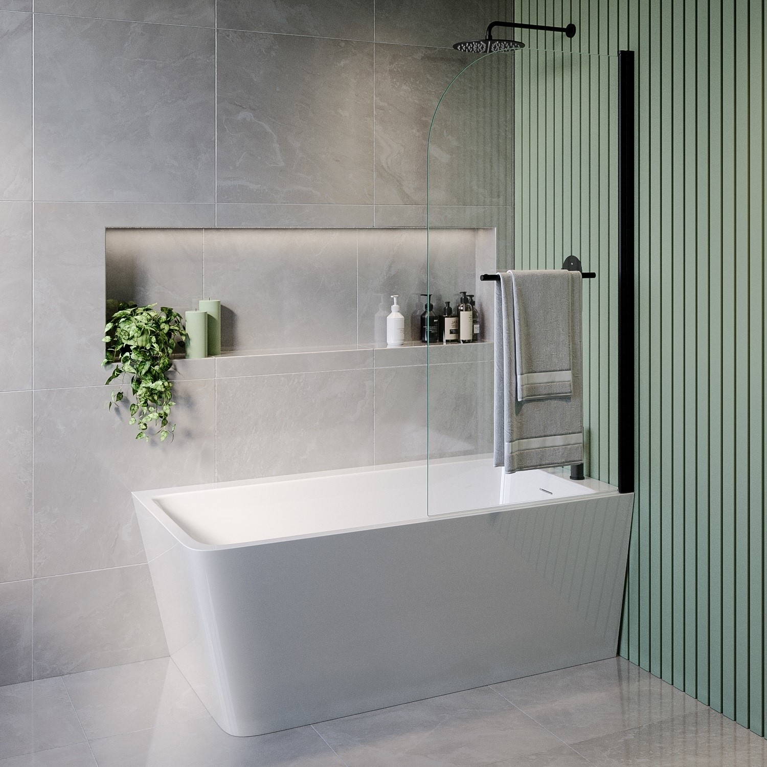Kona White Freestanding Shower Bath Single Ended Right Hand Corner With Black Bath Screen 1500 X 740Mm