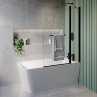 Freestanding Single Ended Right Hand Corner Shower Bath with Black Bath Screen with Fixed Panel &  Towel Rail  1500 x 740mm - Kona Freestanding Single Ended Right Hand Corner Shower Bath with Black Bath Screen with Fixed Panel &  Towel Rail  1500 x 740mm - Kona