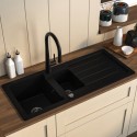 BUN/LAU10X5BLK15/99556 1.5 Bowl Black Inset Composite Kitchen Sink and Reversible Drainer with Black Pull Out Kitchen Tap Set - Enza