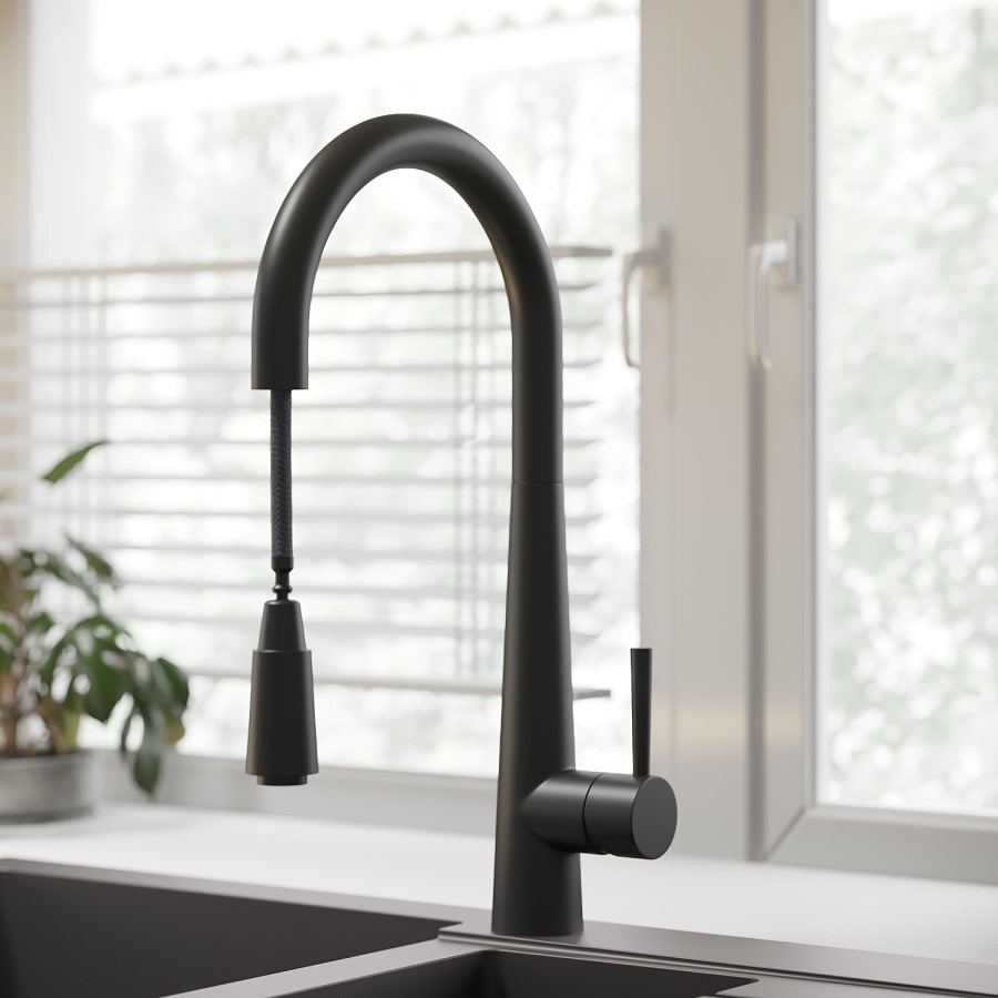 Single Bowl Black Undermount Composite Kitchen Sink With Black Pull Out Kitchen Tap Set - Enza