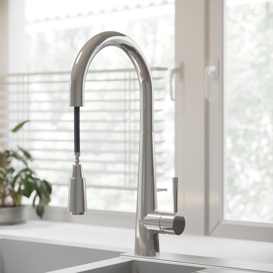 Chrome Single Lever Pull Out Monobloc Kitchen Mixer Tap - Enza Olney