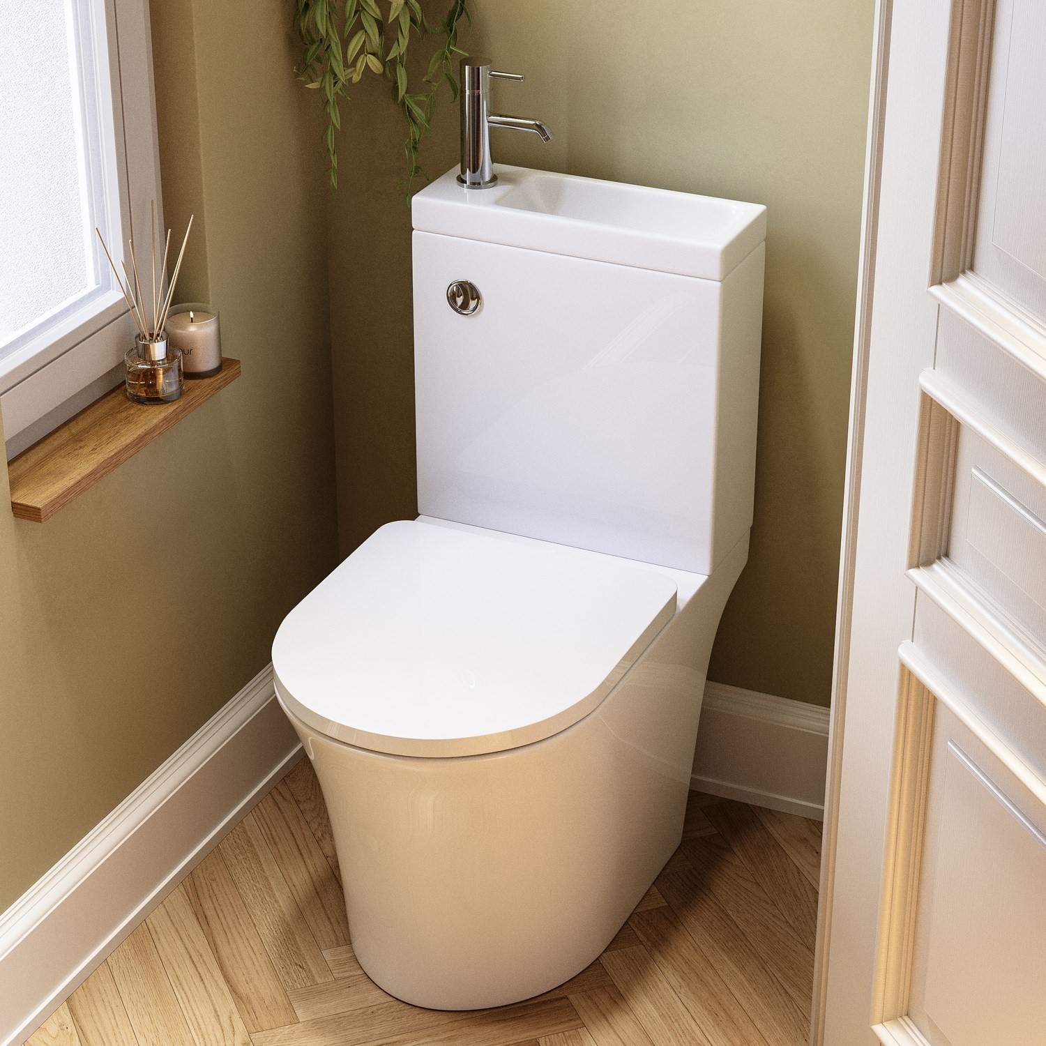 Close Coupled Open Back Toilet with Sink on Top & Chrome Fittings ...
