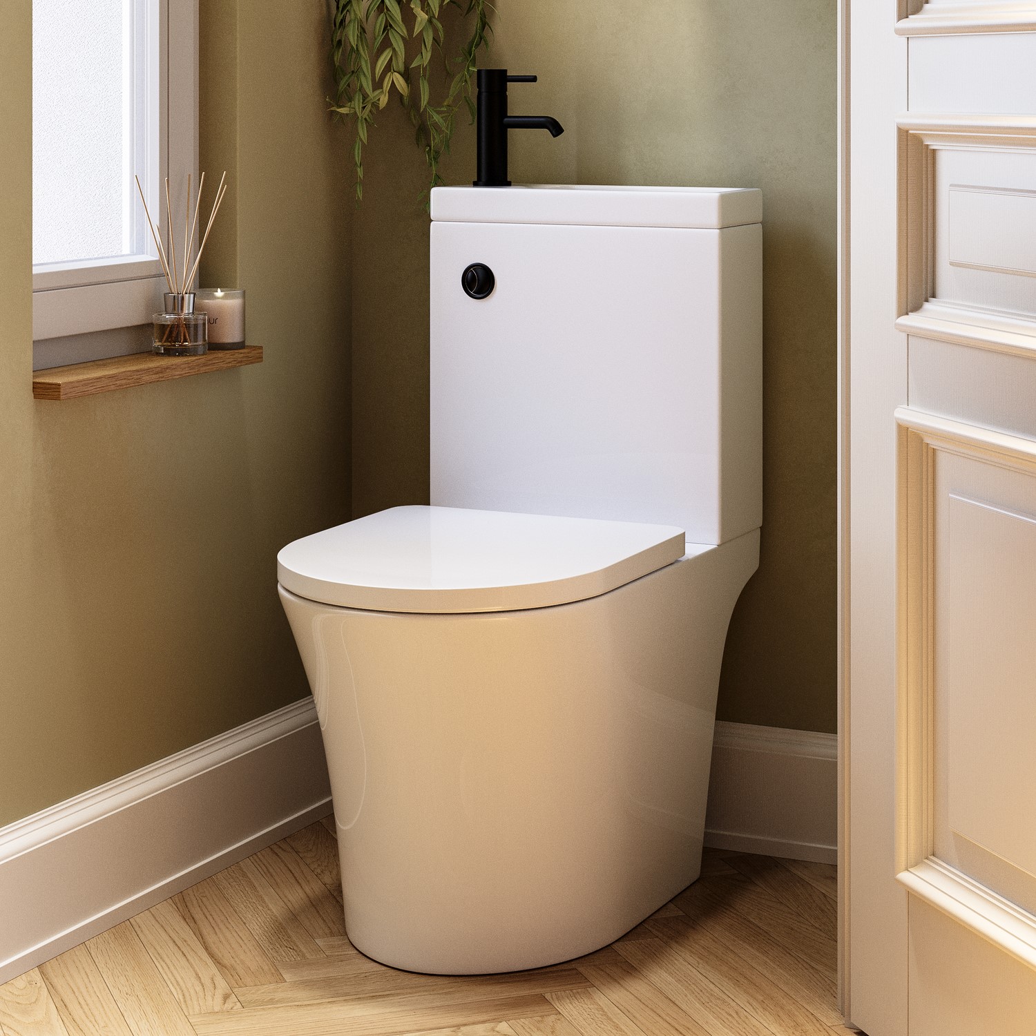 Close Coupled Open Back Toilet with Sink on Top & Black Fittings ...