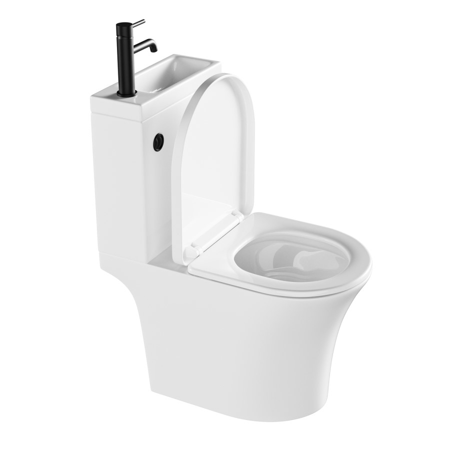 Close Coupled Open Back Toilet with Sink on Top & Black Fittings Cloakroom Suite - Legend