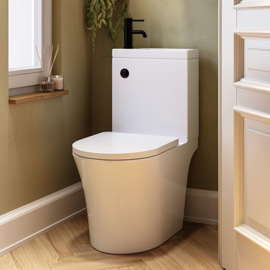 Close Coupled Open Back Toilet with Sink on Top & Black Fittings Cloakroom Suite - Legend