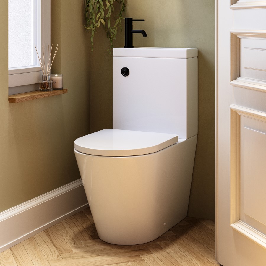 Close Coupled Closed Back Toilet with Sink on Top & Black Fittings Cloakroom Suite - Legend