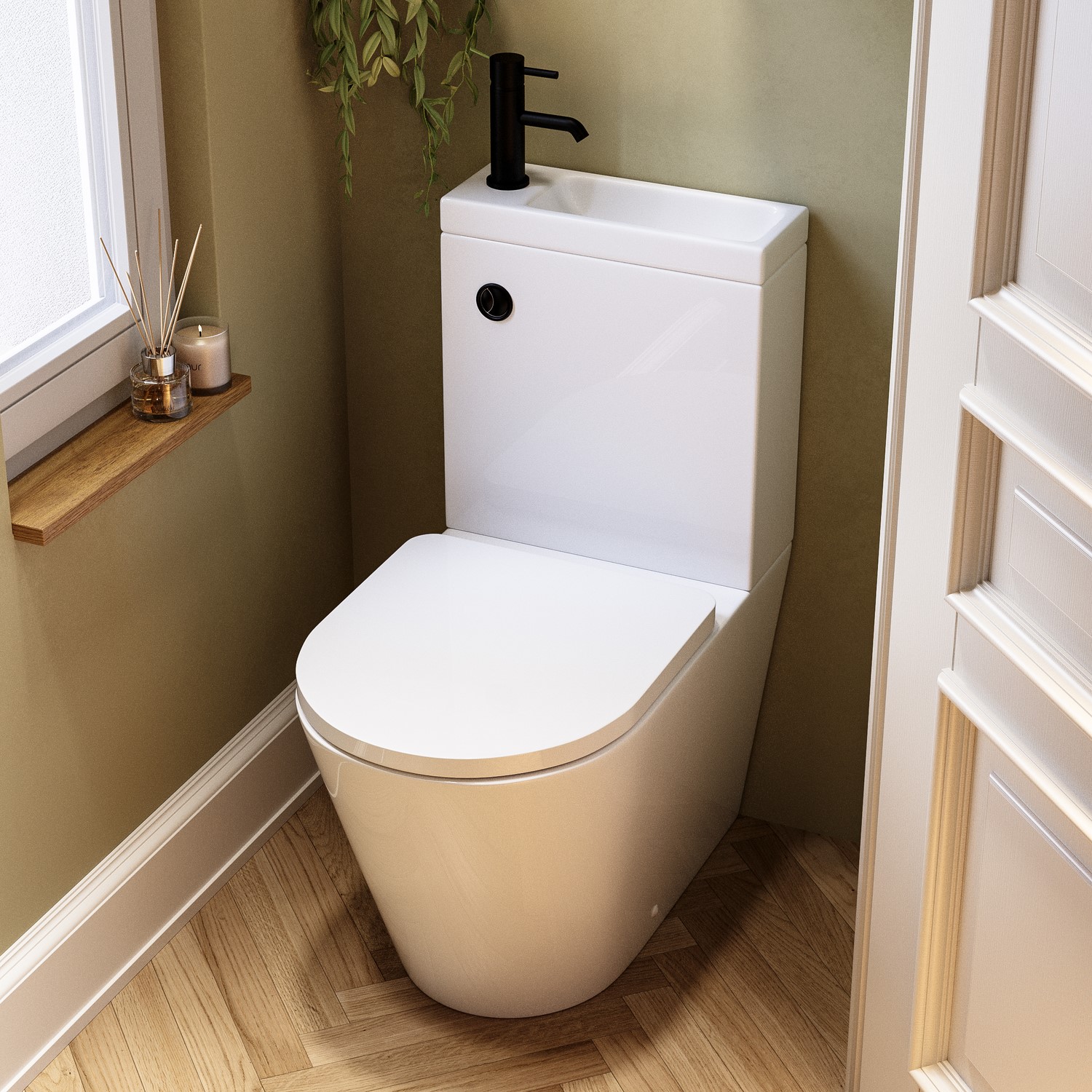 Close Coupled Closed Back Toilet with Sink on Top & Black Fittings ...