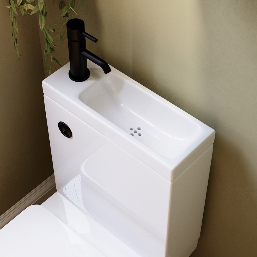 Close Coupled Closed Back Toilet with Sink on Top & Black Fittings - Legend