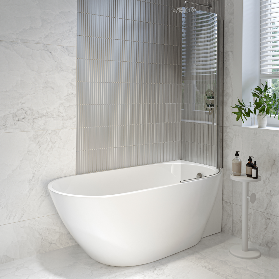 Freestanding Shower Bath Single Ended Right Hand Corner with Chrome Bath Screen 1650 x 740mm - Lisbon