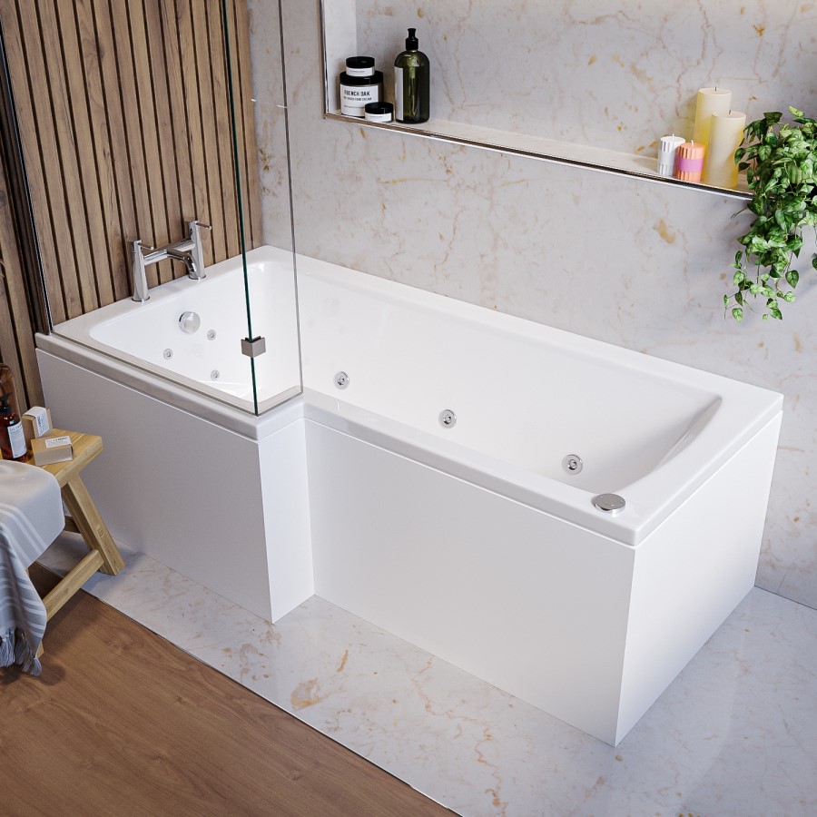 L Shape Whirlpool Spa Shower Bath, Left Hand 1700 x 850mm - Lomax