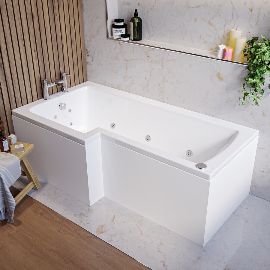 L Shape Whirlpool Spa Shower Bath, Left Hand 1700 x 850mm - Lomax