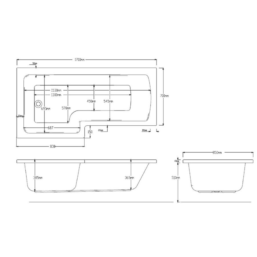 L Shape Whirlpool Spa Shower Bath, Left Hand 1700 x 850mm - Lomax
