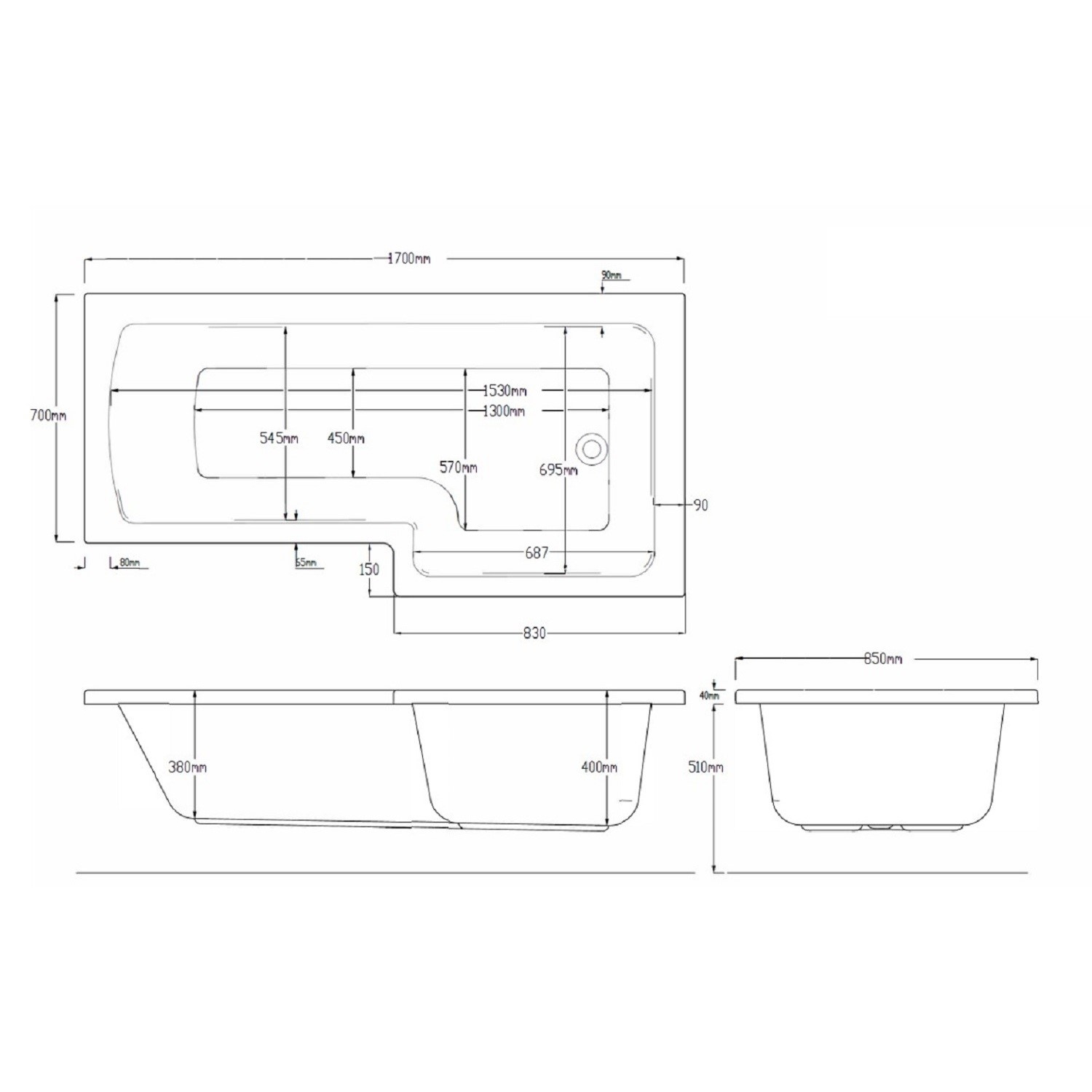 L Shape Right Hand Whirlpool Spa Shower Bath with 14 Whirlpool Jets ...