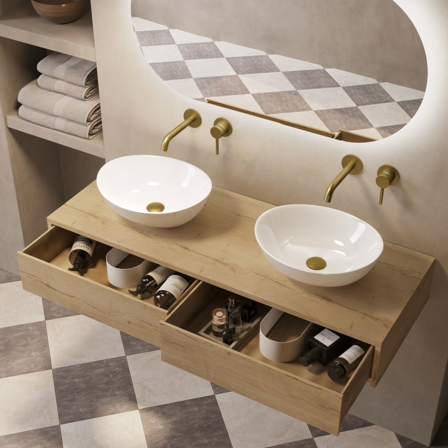 1200mm Oak Wood Effect Wall Hung Countertop Vanity Unit with Oval Basin - Lugo